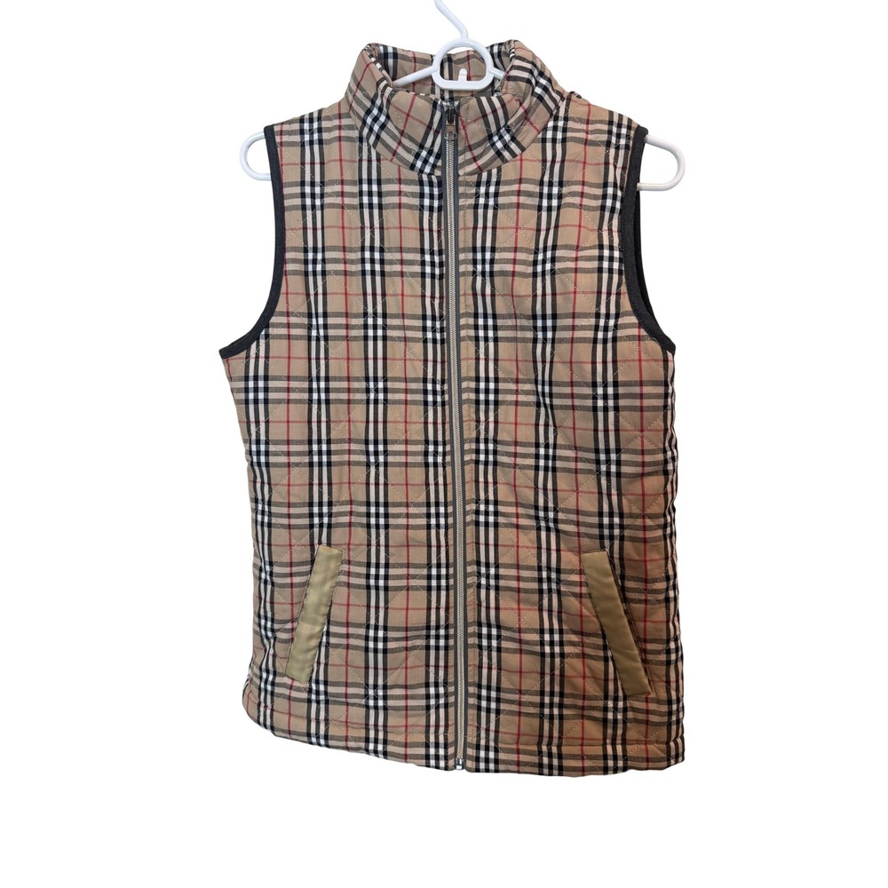 Pink Lily Vest Womens Small Beige Plaid Quilted Full Zip Collared Lined Twill